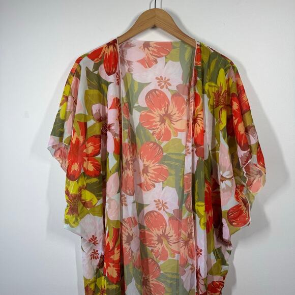 Tropical Kimono Women OS Orange Green Hawaiian Floral Short Sleeve Beach Pool - Picture 3 of 5